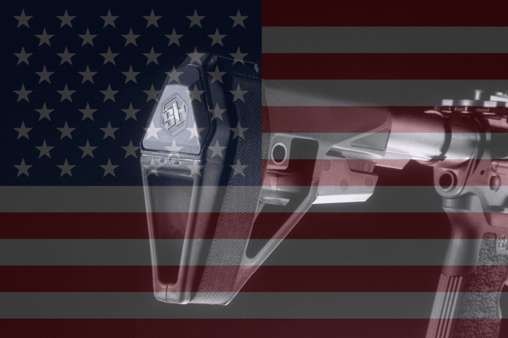 SB Tactical brace overlaid with an American flag